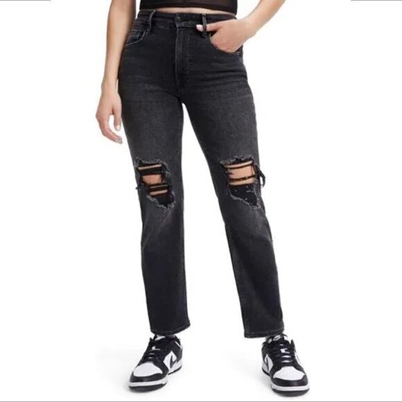 Good American high waist distressed black jeans shredded knee cropped new 14 32 - Picture 1 of 7